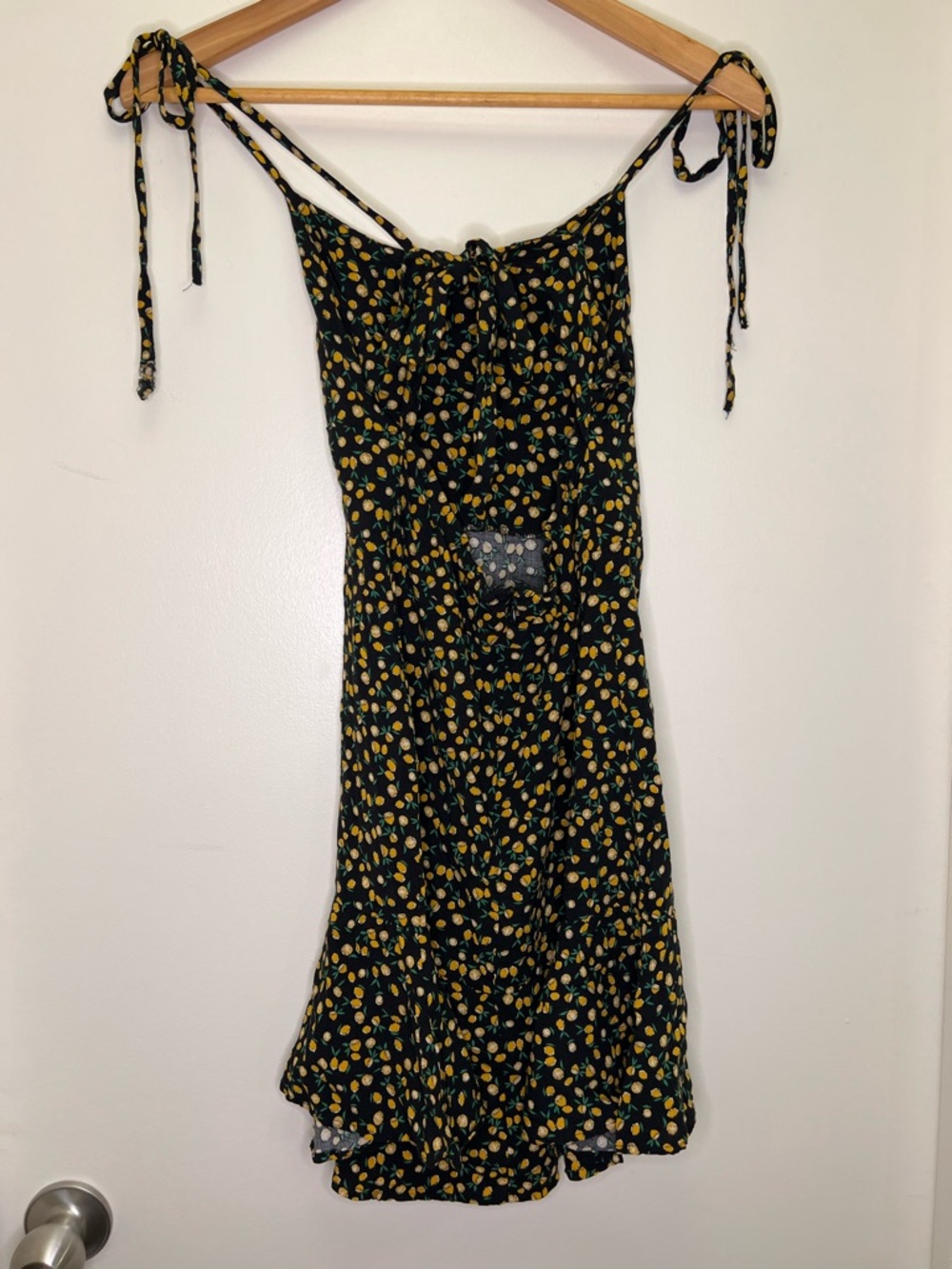 Lemon Print Tie Strap Mini Dress Small Open Back Summer Dress Cottagecore - Picture 7 of 10
